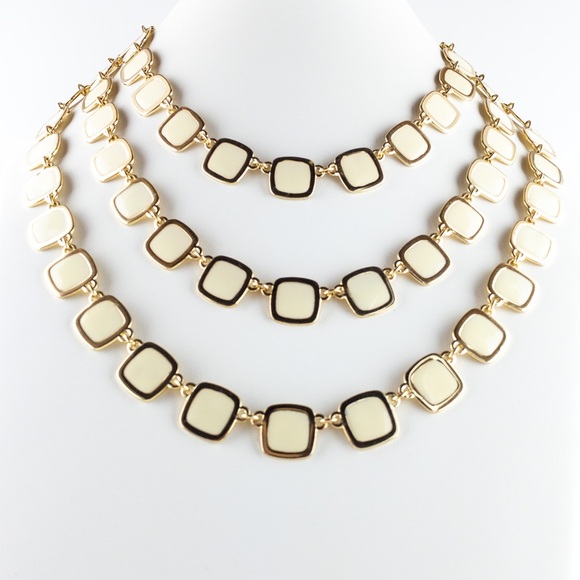 Vintage Jewelry - Modern Gold Tone Cream Enamel Statement Necklace